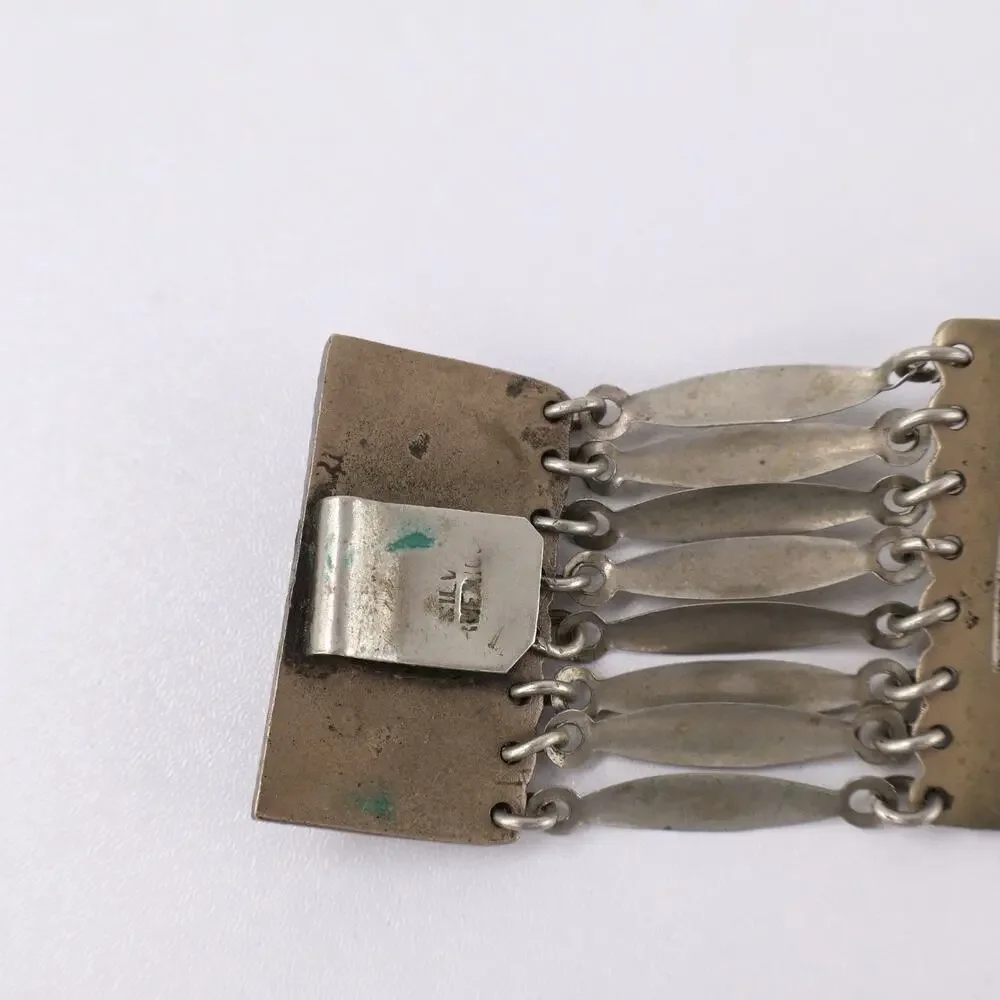 Vintage‎ Sterling Silver Mexico Panel Bracelet Wide Tribal Ethnic Link Cuff 8”